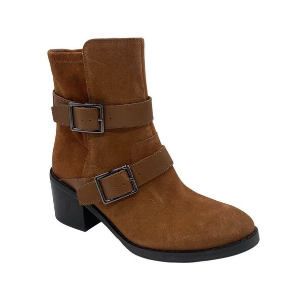 Donald Pliner Darby Ankle Boot Womens 5 Tan Suede Harness Strap Western Chunky - Picture 1 of 14